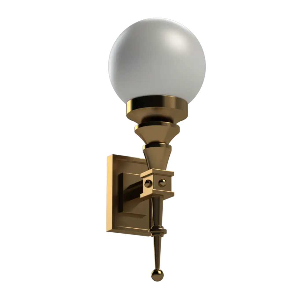 A wall-mounted brass light fixture with a spherical white glass shade.