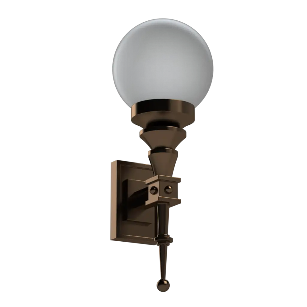A bronze wall-mounted light fixture with a spherical frosted glass globe.