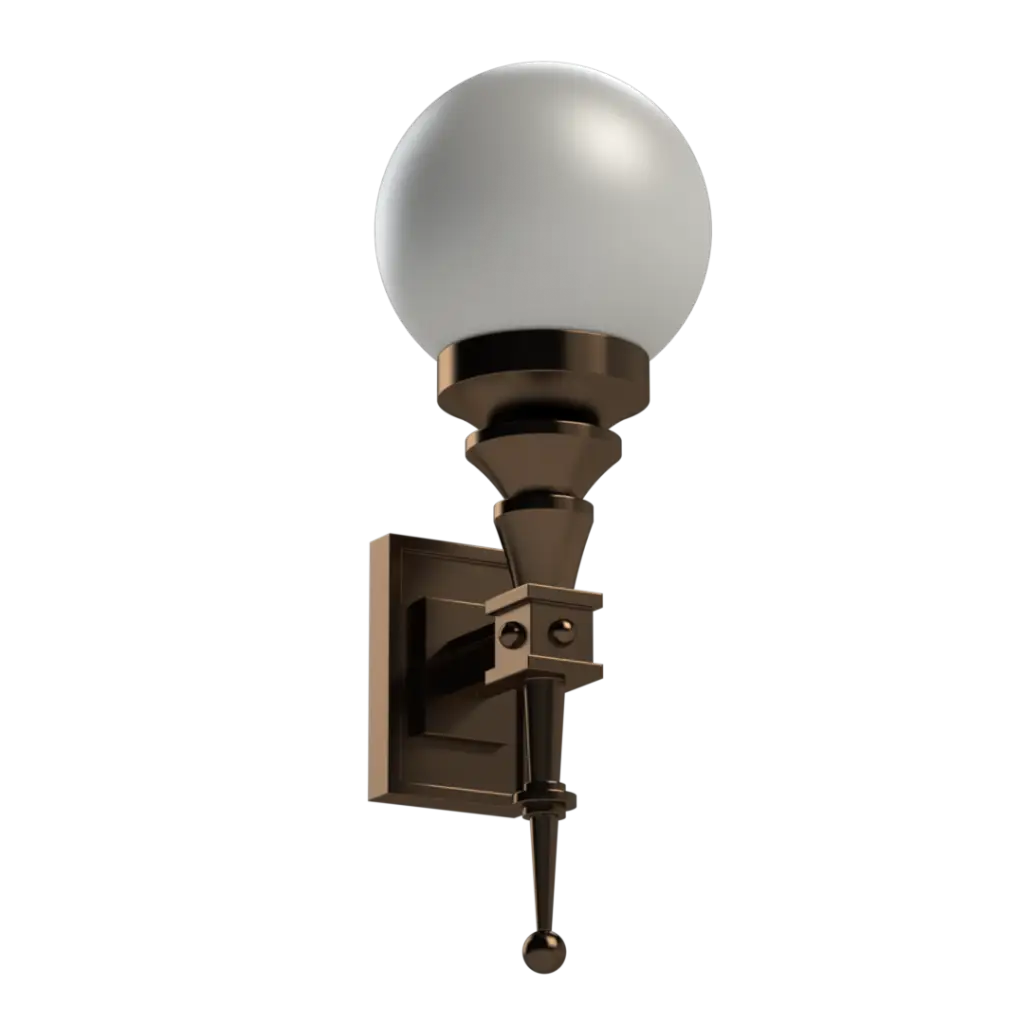 A wall-mounted bronze outdoor light with a spherical white globe.
