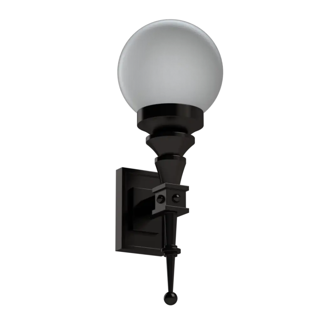 Black ornate outdoor wall lantern with a spherical white frosted glass shade.