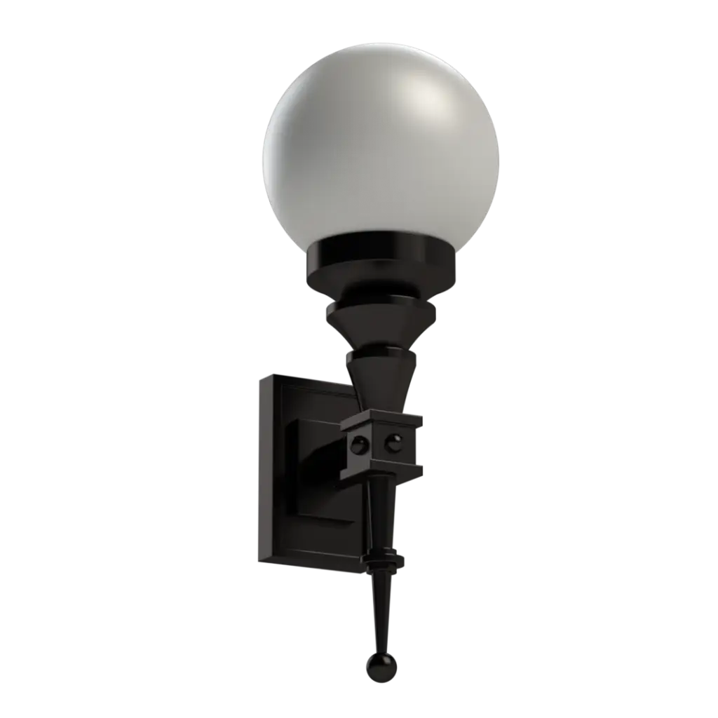 Black wall-mounted outdoor light with a spherical white globe.