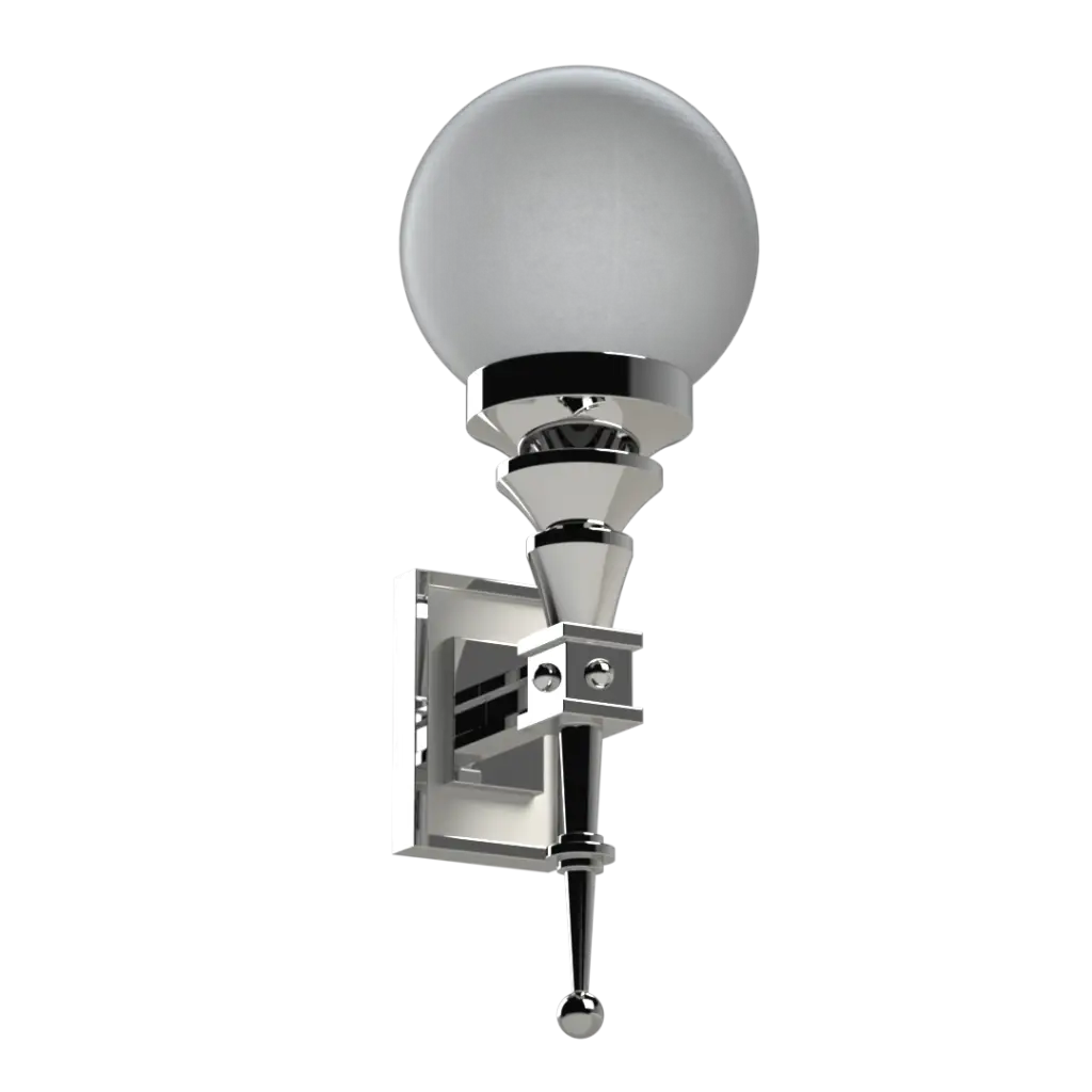 A chrome and frosted glass wall sconce.