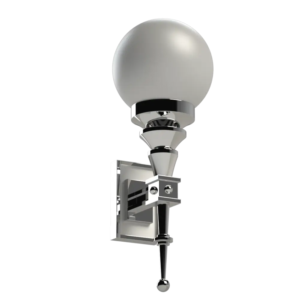 A polished chrome wall sconce with a white spherical glass shade.