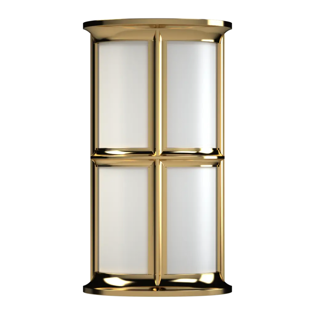 Gold-framed rectangular outdoor wall light with four frosted glass panels.