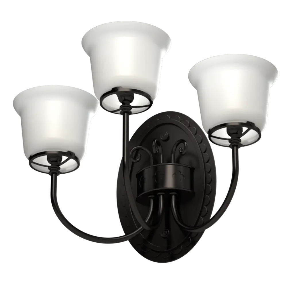Three-light wall sconce with frosted glass shades and an ornate black metal base.