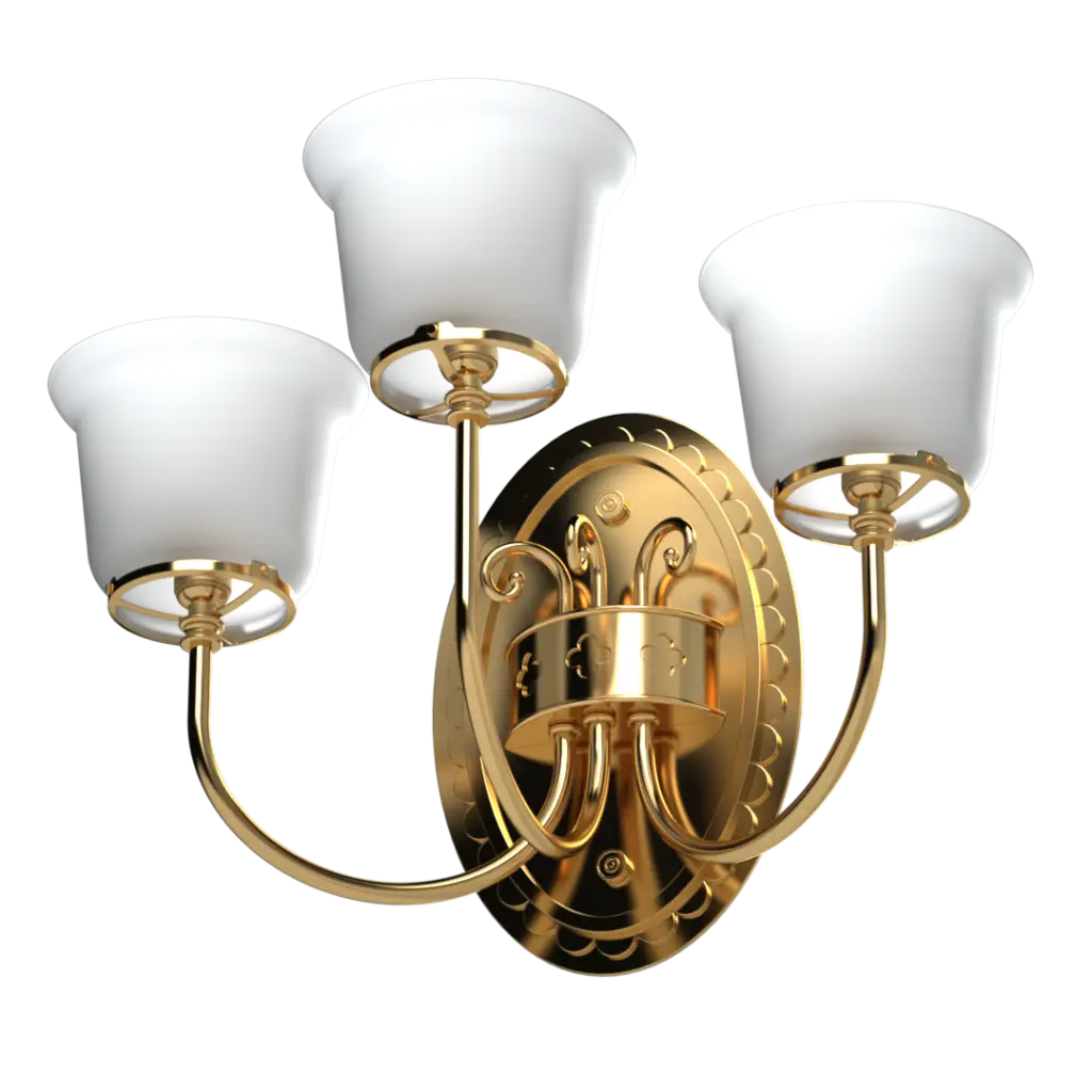 Three-light gold wall sconce with white frosted glass shades.