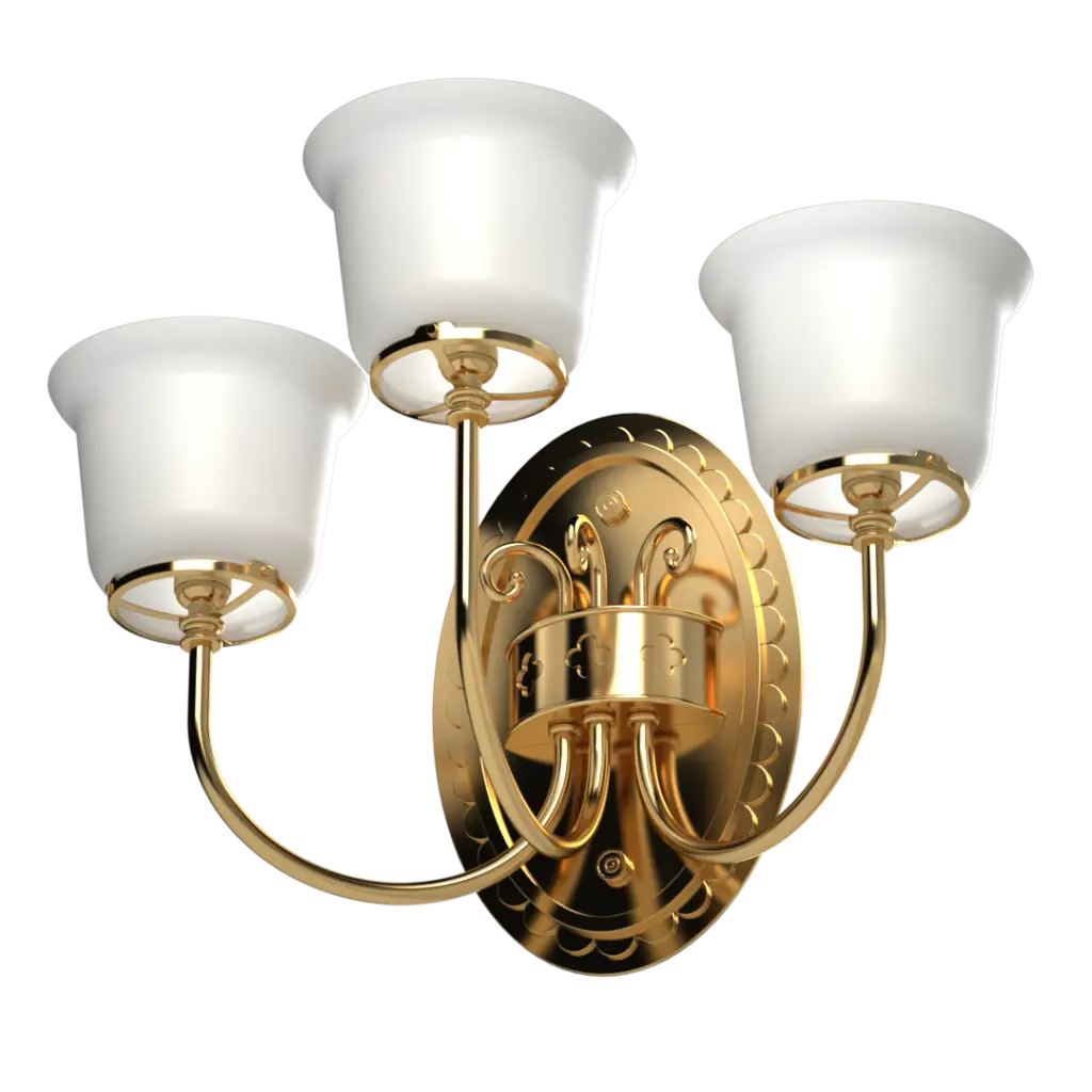 A three-light gold wall sconce with white frosted glass shades.