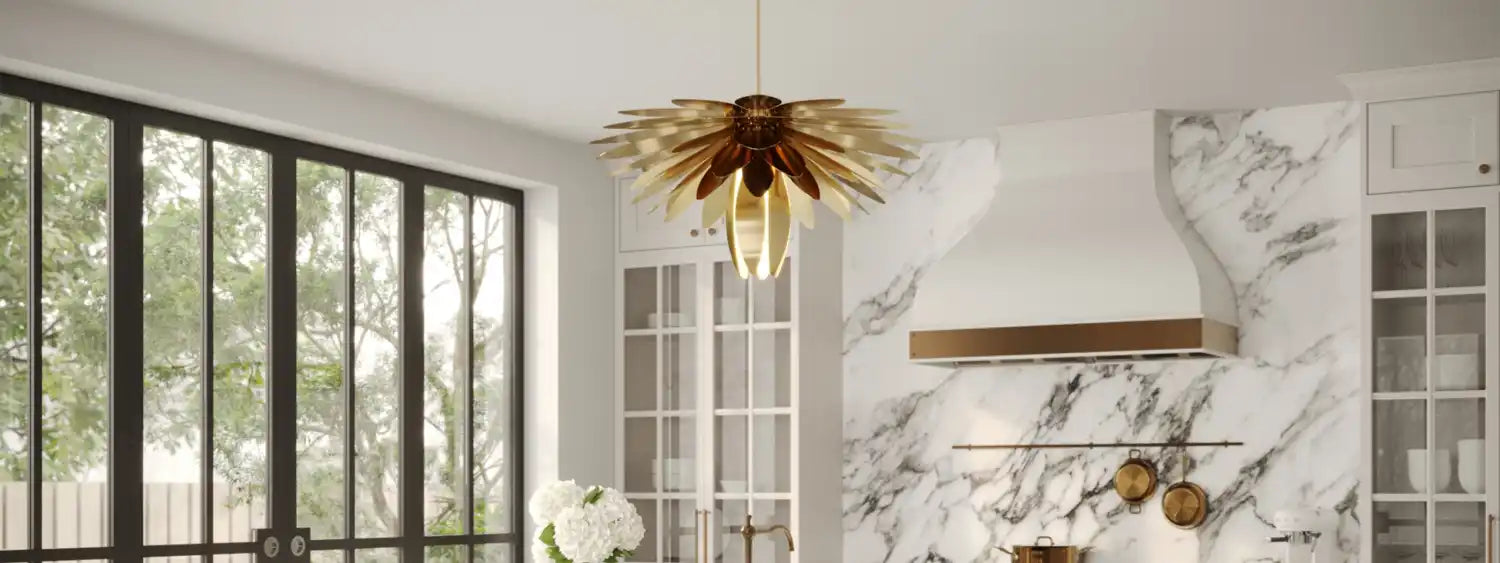Decorative gold and brown ceiling light fixture with layered, petal-like shades.