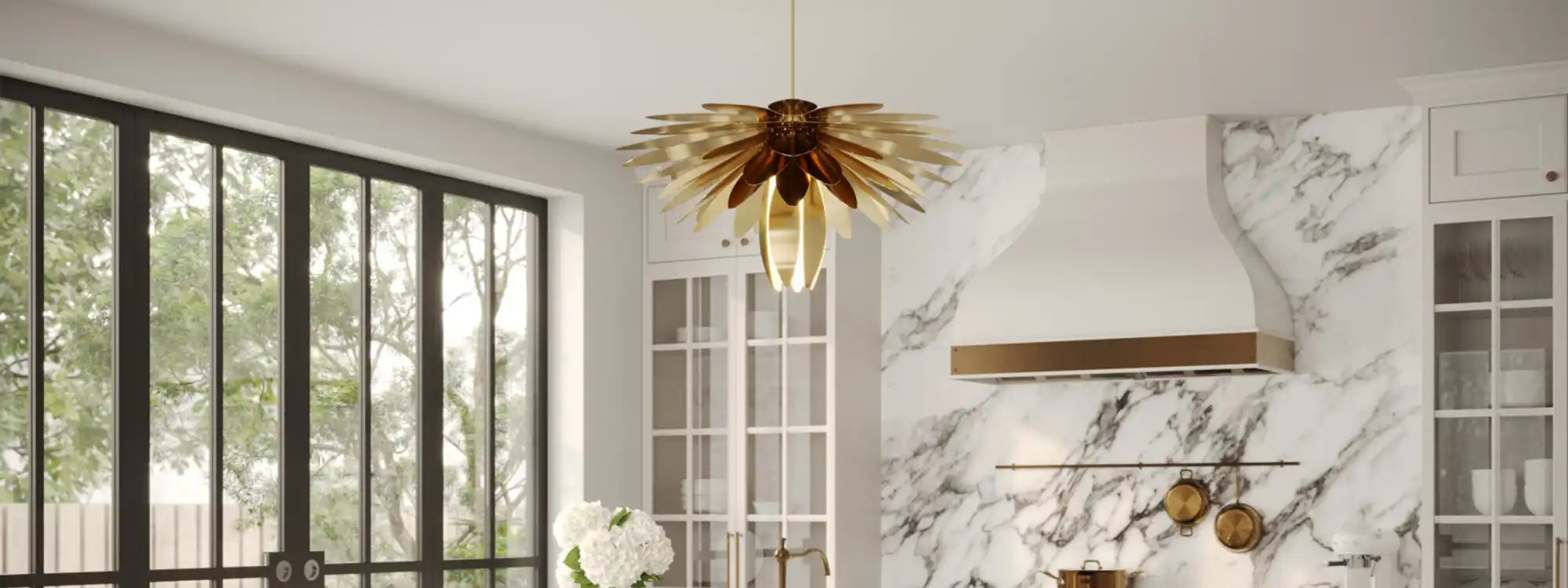 Decorative gold and brown ceiling light fixture with layered, petal-like shades.