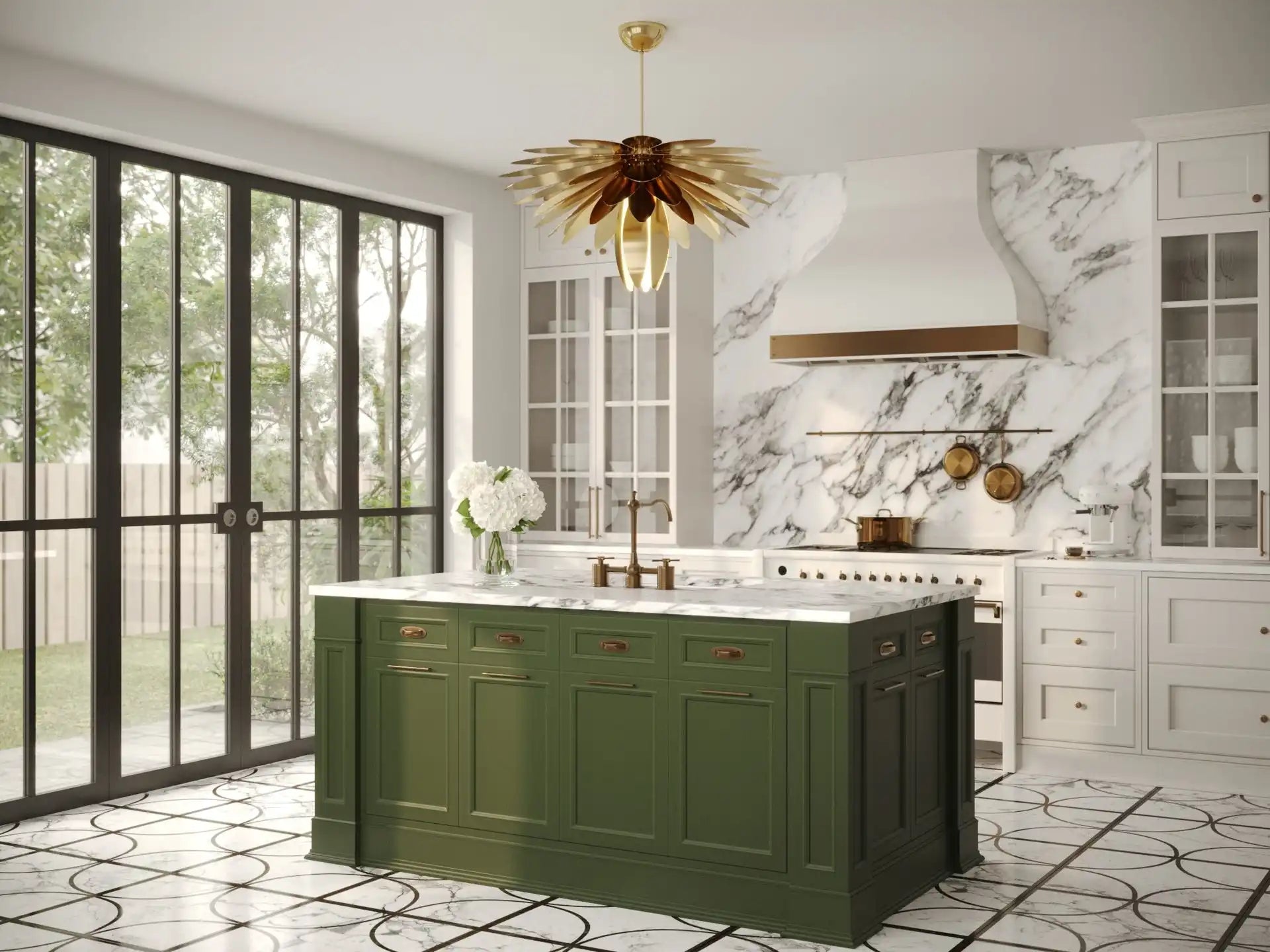 A kitchen with a dark green island and white marble countertops.