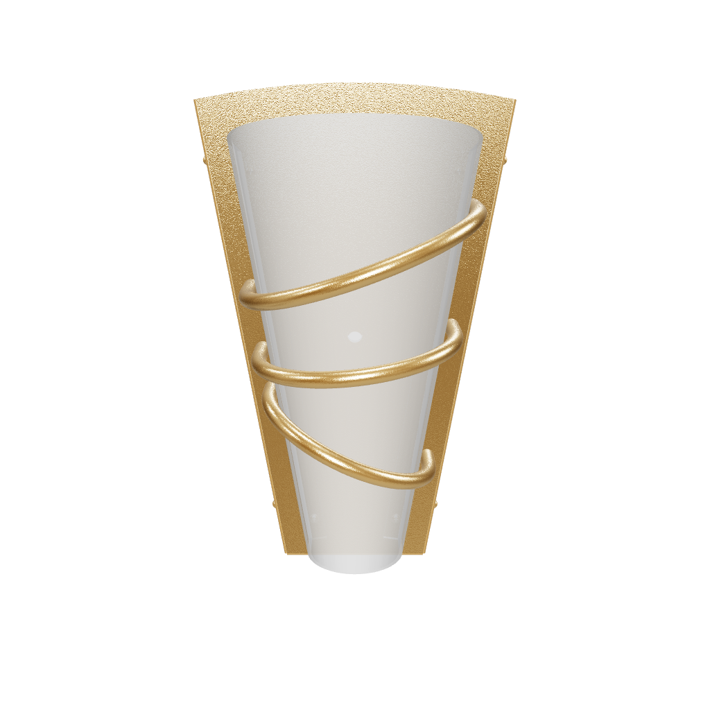 Wall sconce with white glass shade and gold metal frame on a white background
