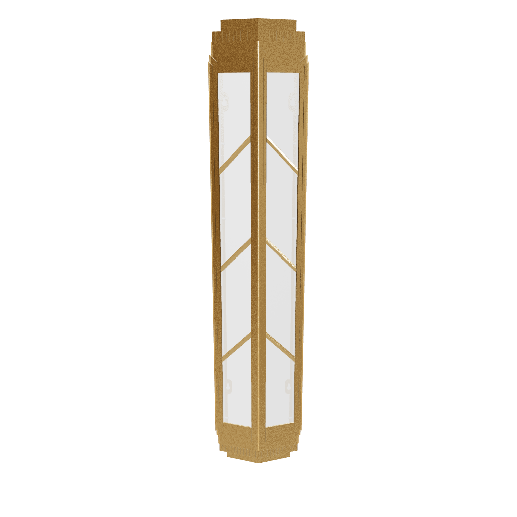 Decorative wall light fixture with gold frame and glass panels on a white background