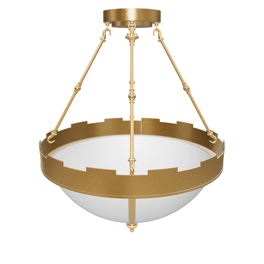 Gold ceiling light fixture with white glass on a white background