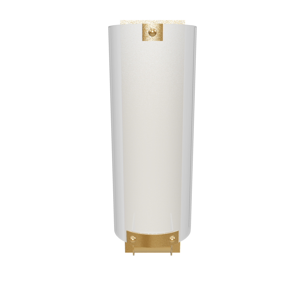 Wall-mounted light fixture with white cylindrical shade and gold base on a white background