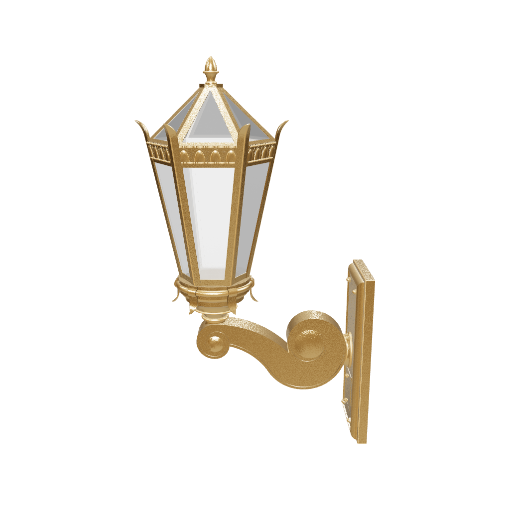 Decorative outdoor wall light fixture with gold finish on a white background