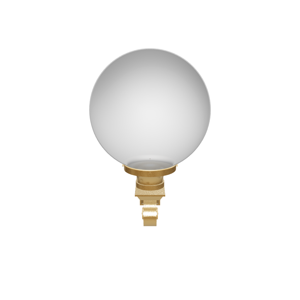 Wall-mounted light fixture with a gold base and white globe on a white background
