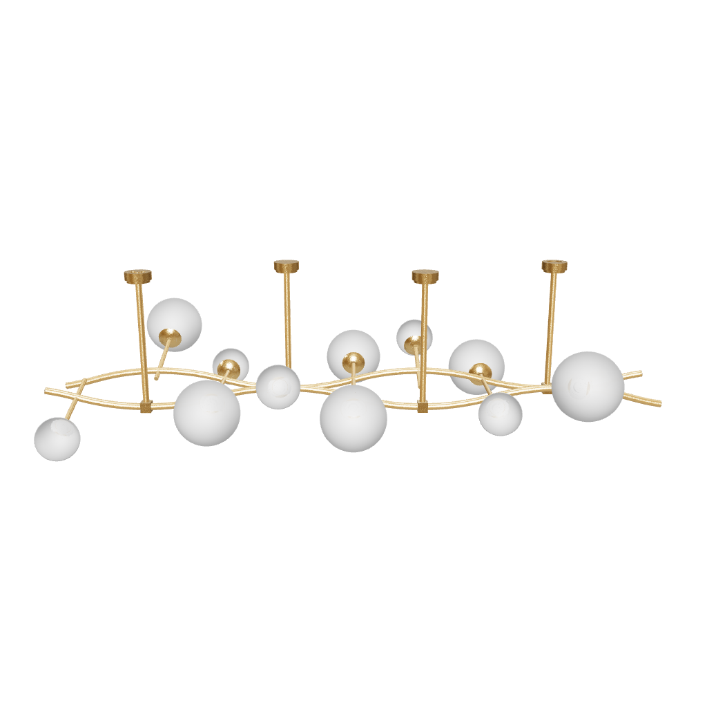 Modern chandelier with gold branches and white spherical lights on a white background