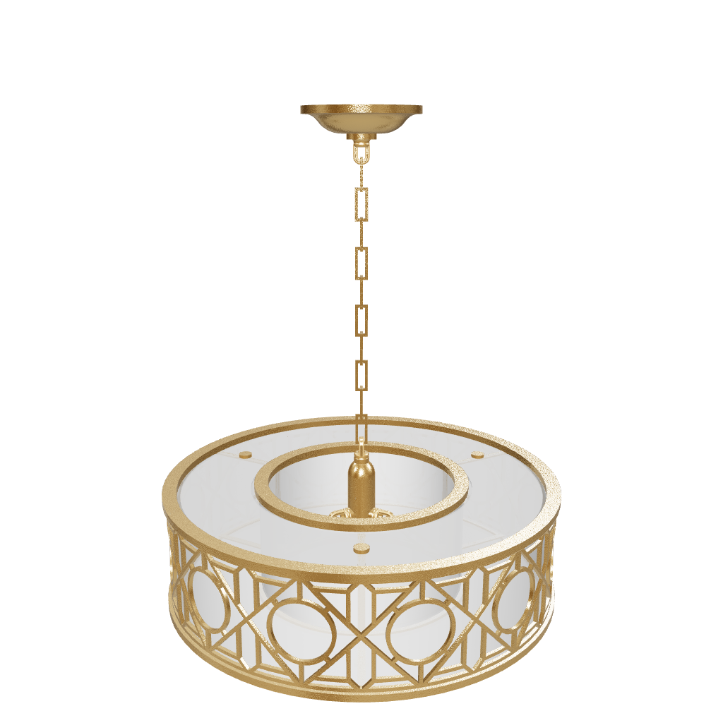 Gold pendant light with geometric design on a white background