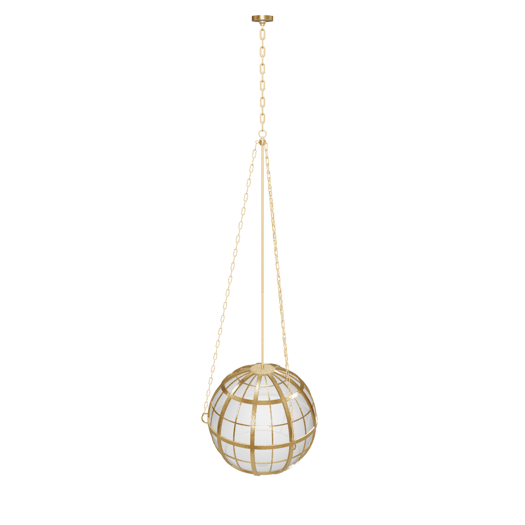 Decorative spherical light fixture with gold frame and white glass on a white background