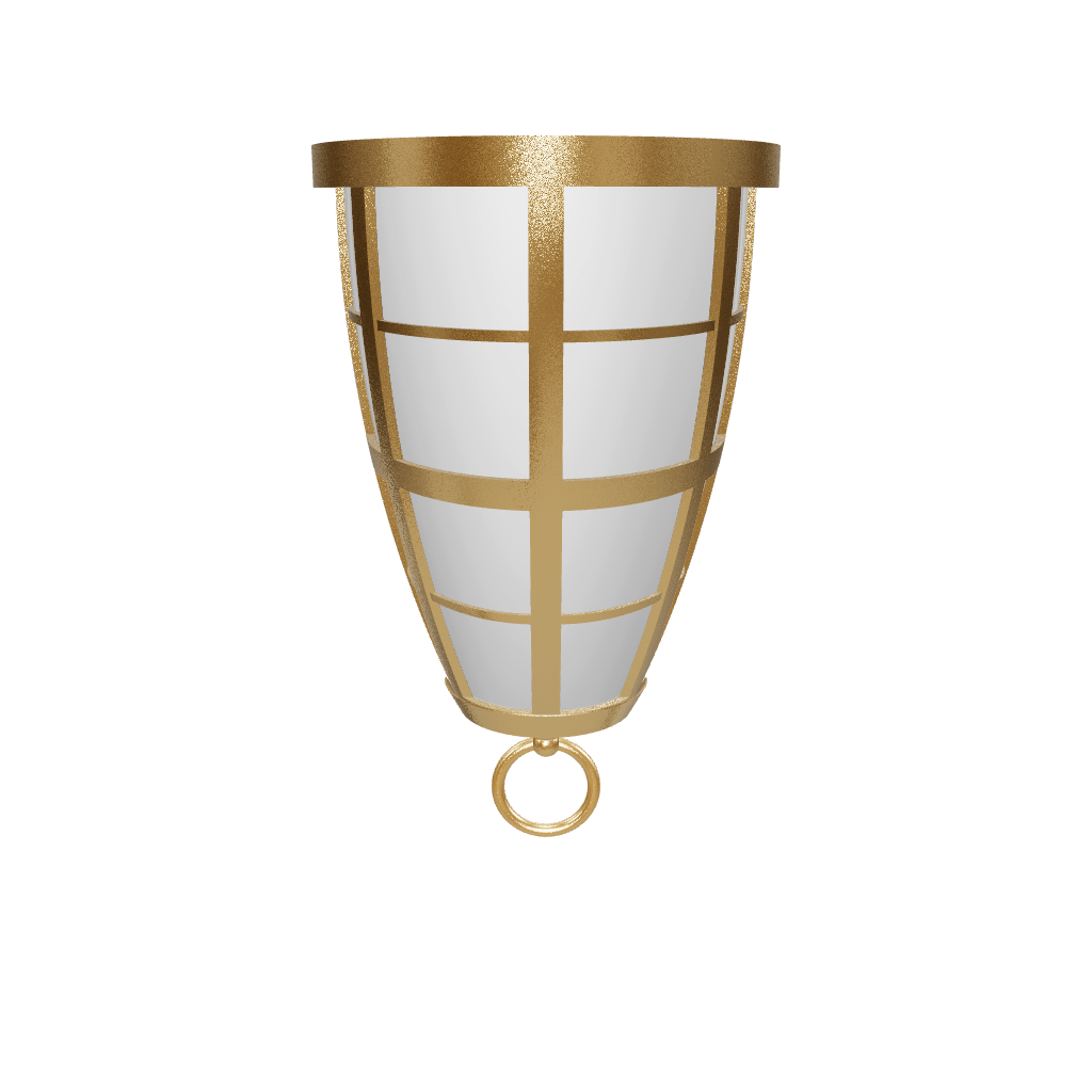 Gold outdoor wall light fixture on a white background