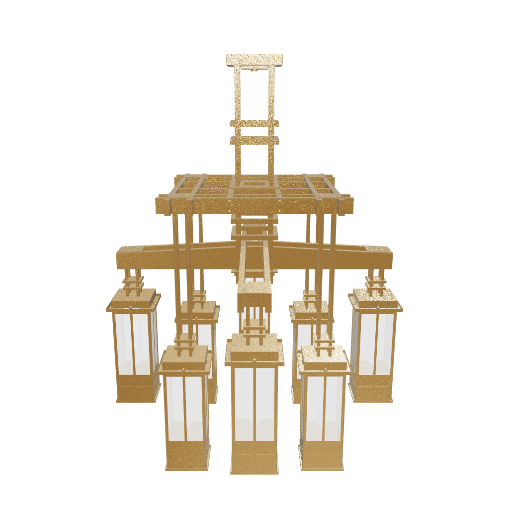Gold chandelier with geometric design on a white background