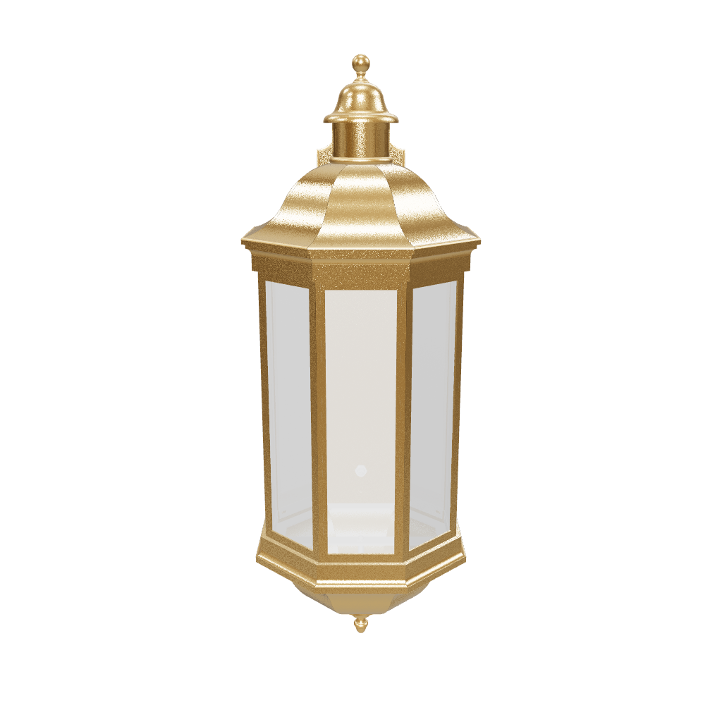 Decorative wall light fixture with gold and black finish on a white background