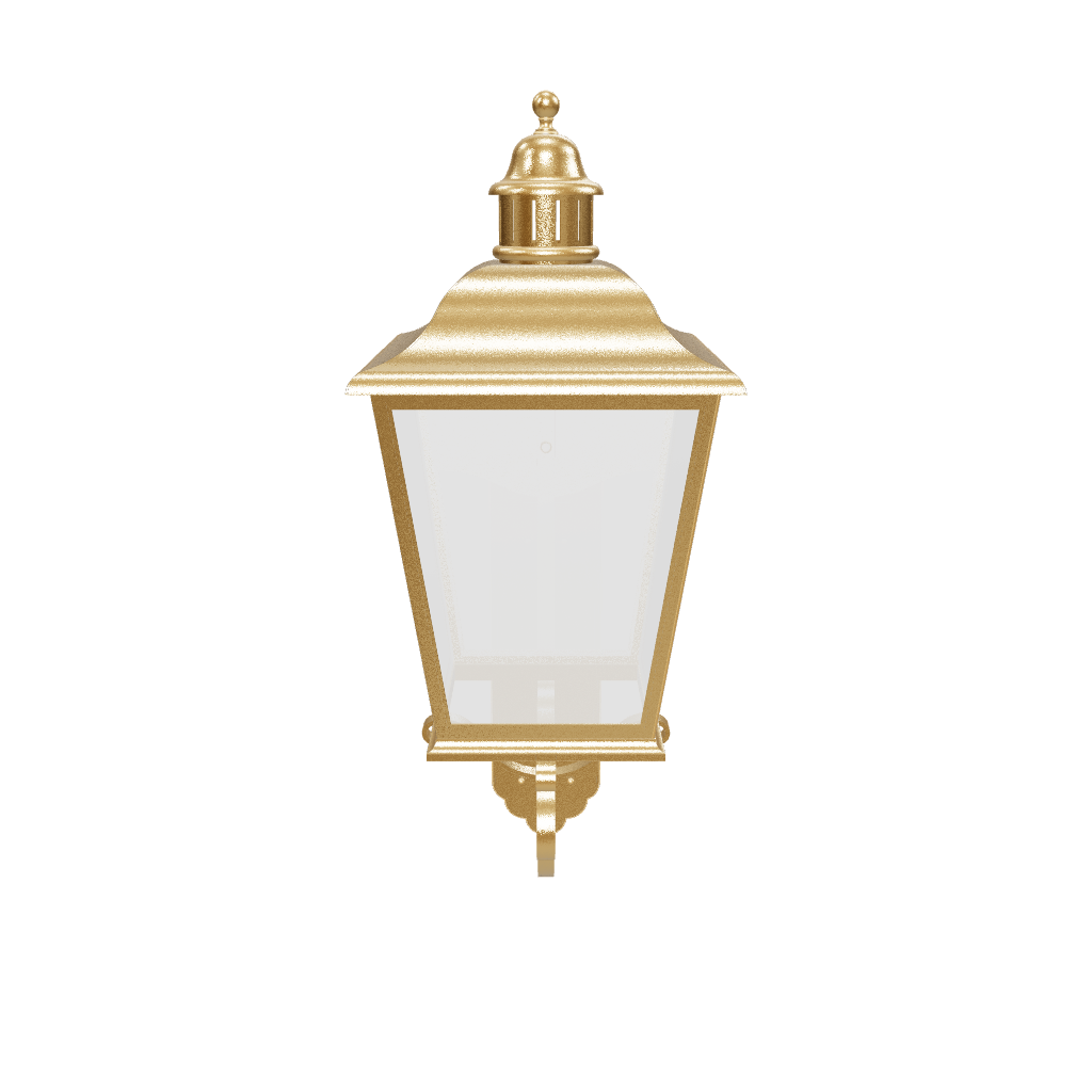 Gold outdoor wall lamp with white glass on a white background