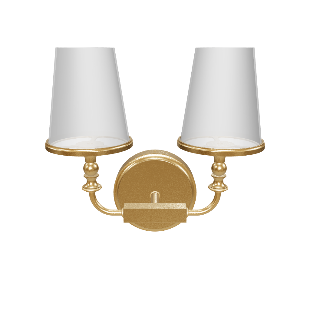 Gold wall sconce with two white lampshades on a white background