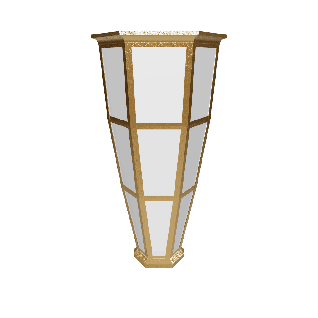 Decorative outdoor lamp with gold frame and white glass on a white background