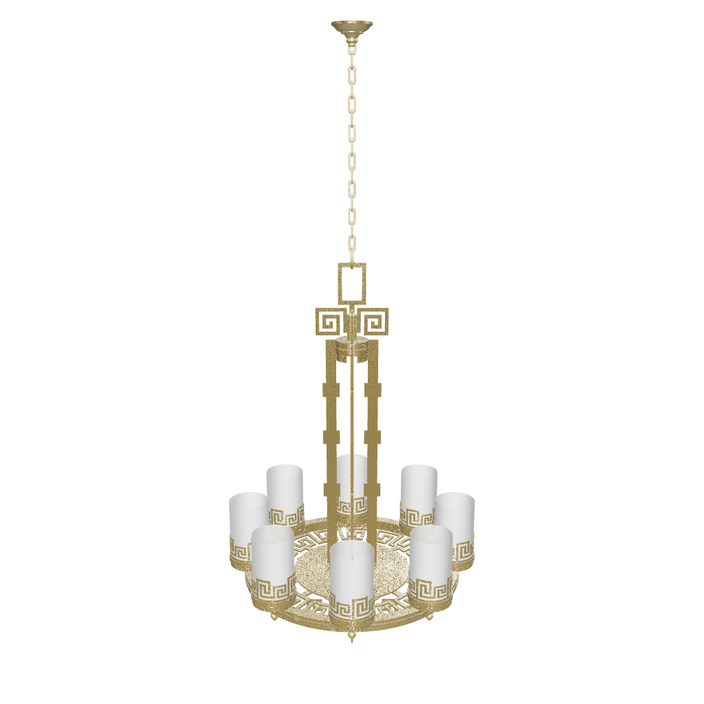 Gold chandelier with white candle-like lights on a white background