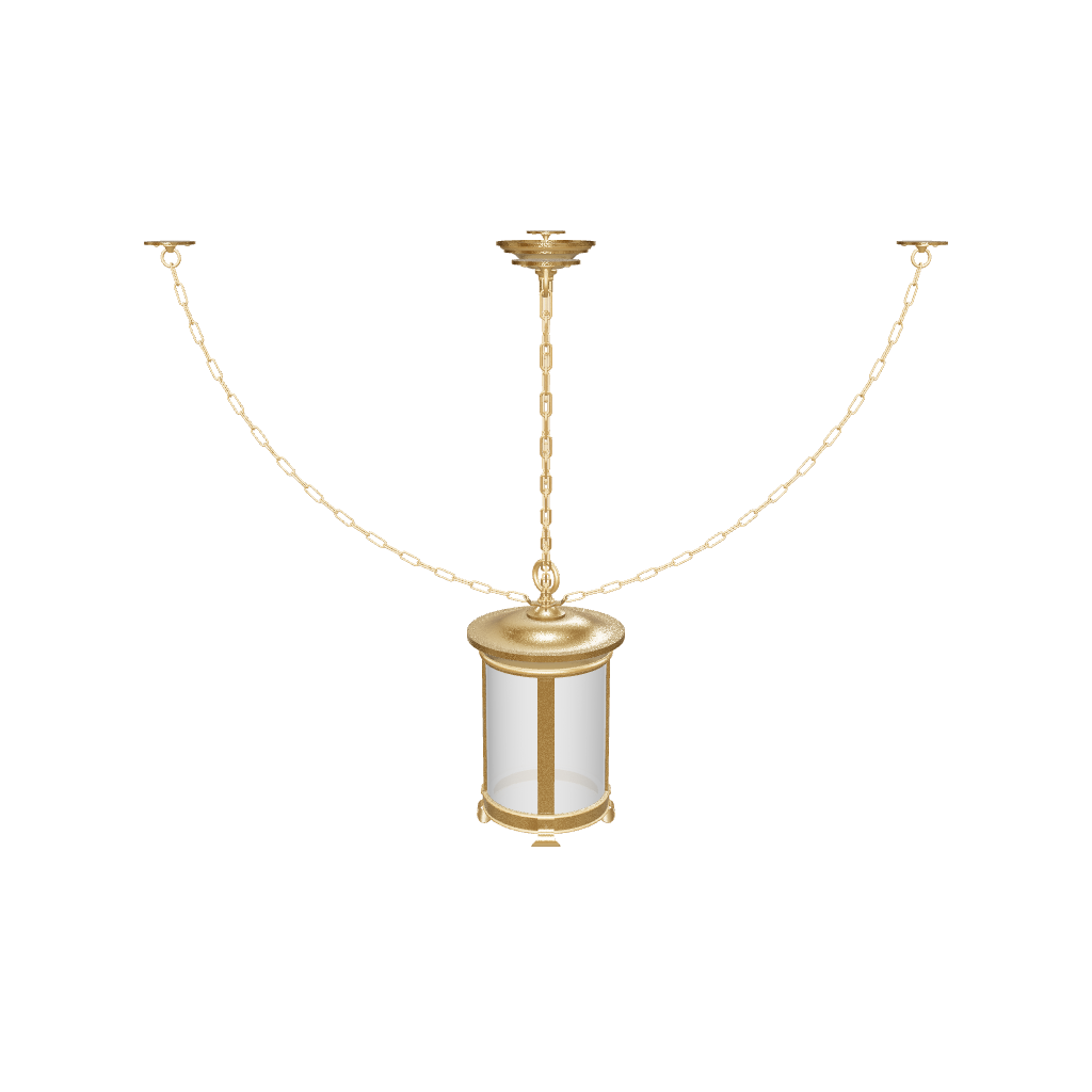 Gold pendant light fixture with white glass on a white background
