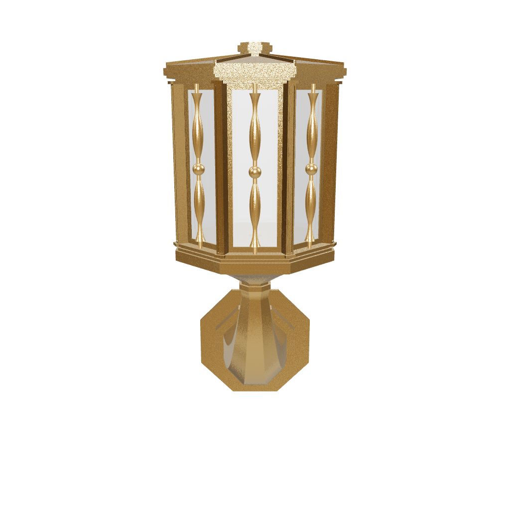 Gold outdoor wall light fixture on a white background