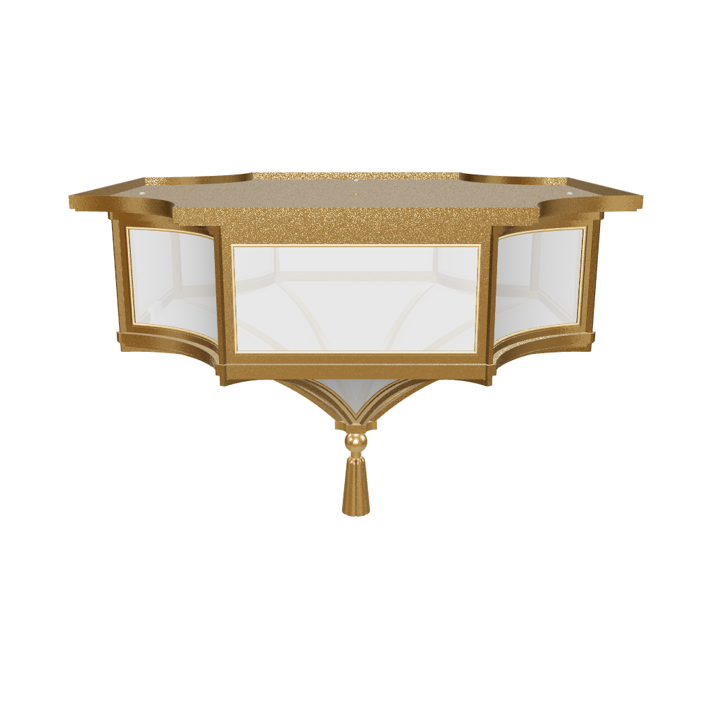 Decorative ceiling light fixture with gold frame and white glass on a white background
