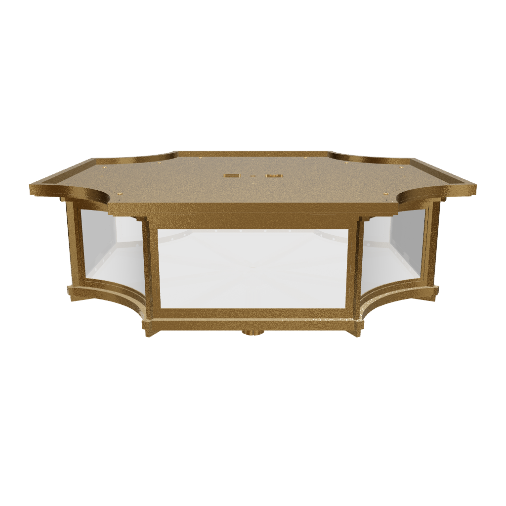 Ceiling light fixture with gold frame and white glass on a white background