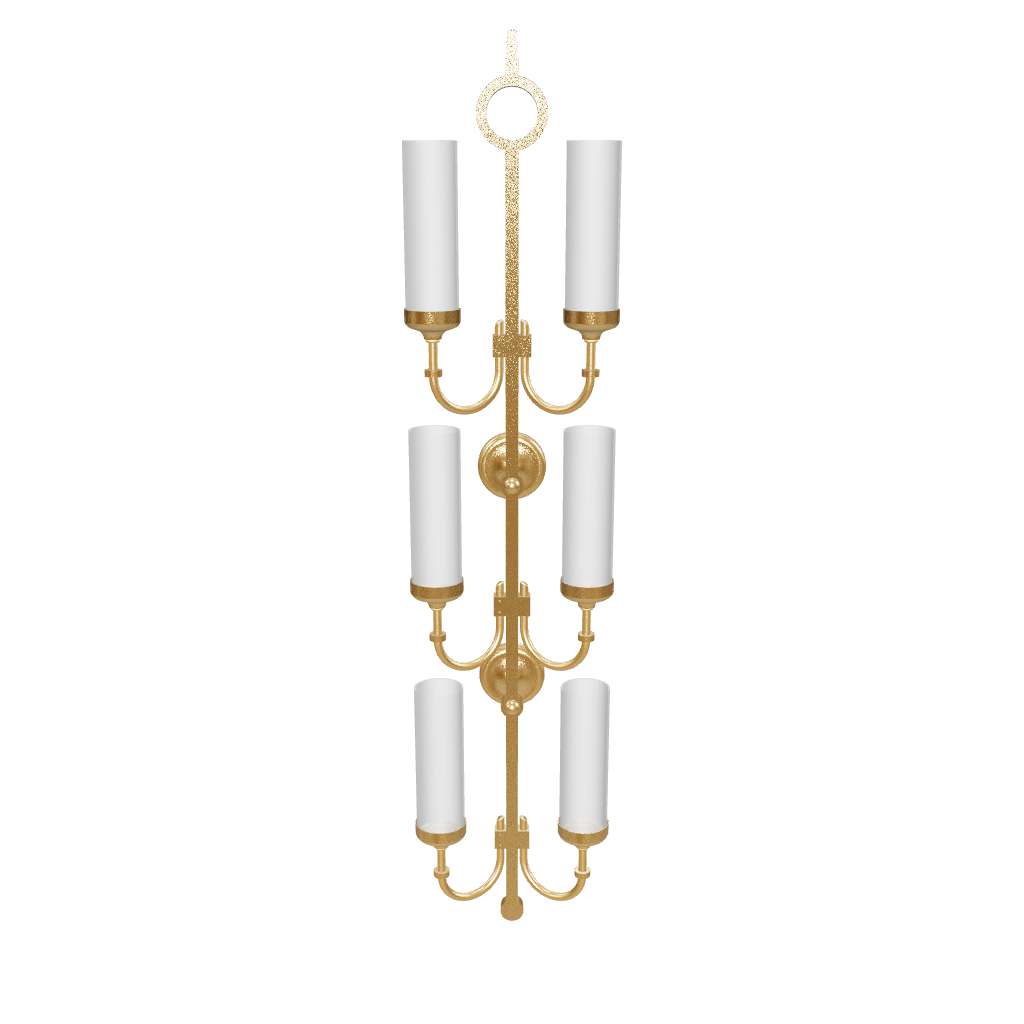 Gold chandelier with white candles on a white background