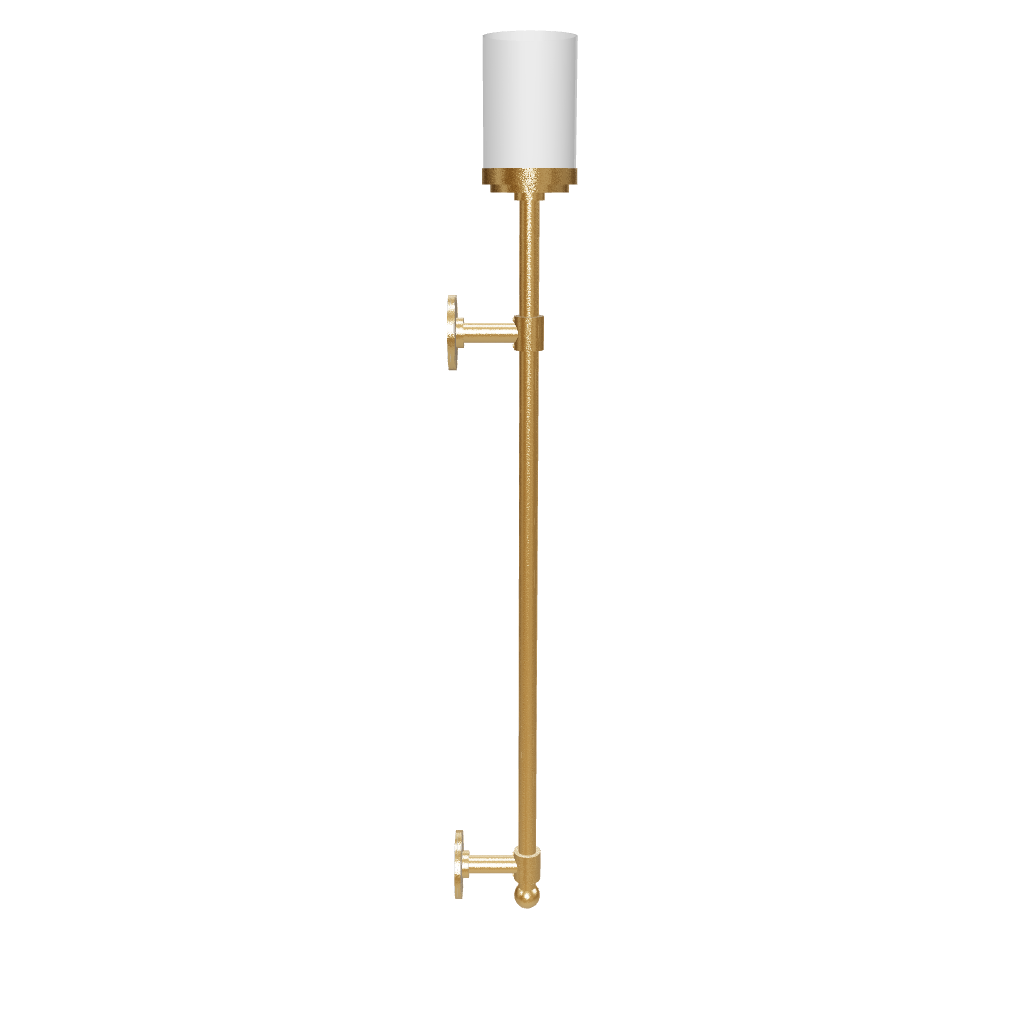 Gold wall-mounted light fixture with a white shade on a white background