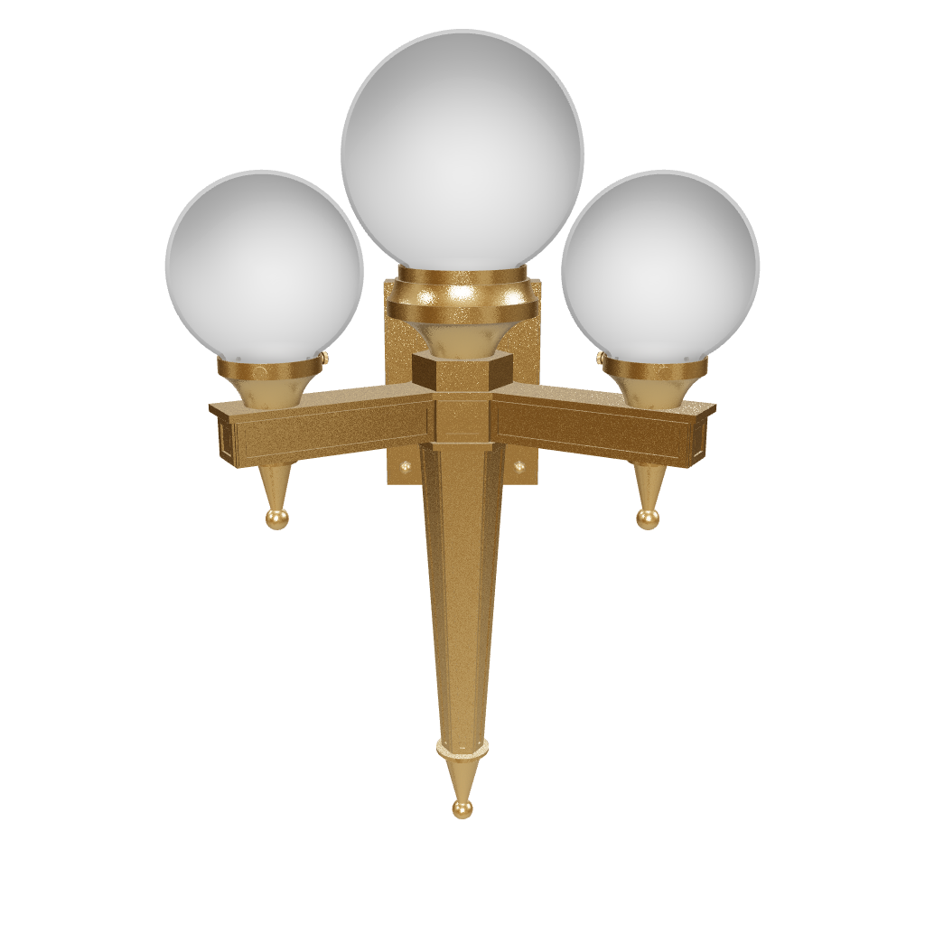Gold wall sconce with three white globe lights on a white background