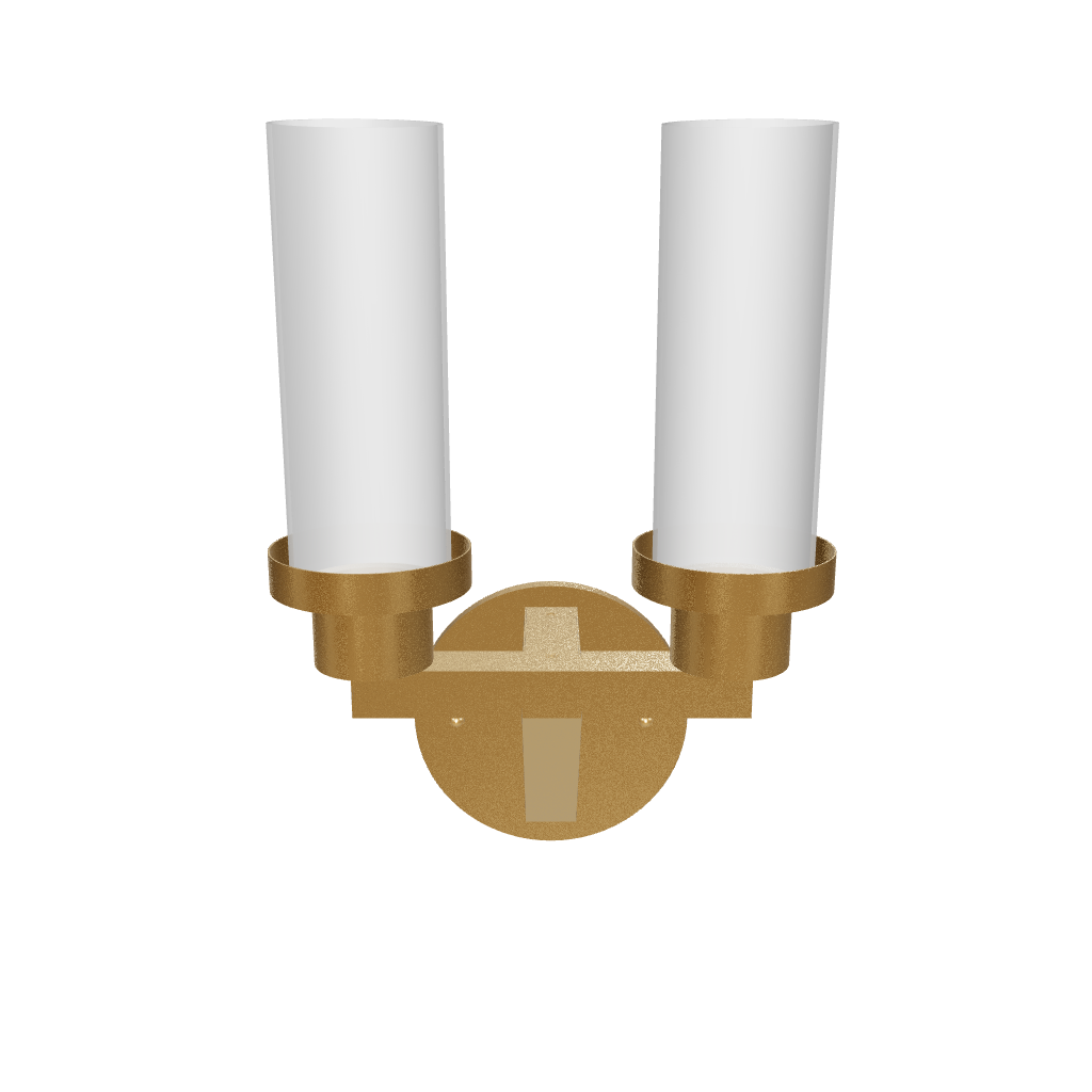 Wall sconce with two cylindrical white shades and gold metal accents on a white background