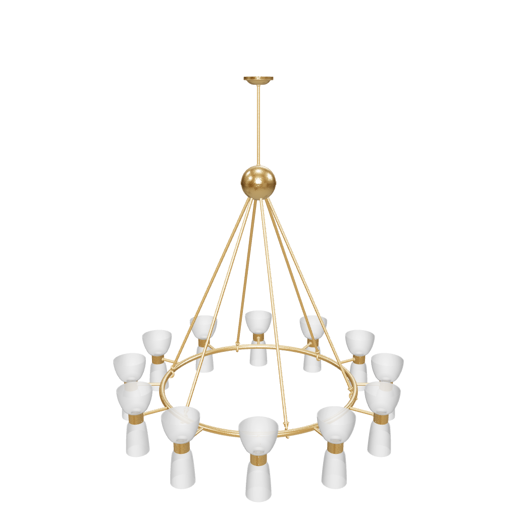 Modern chandelier with gold frame and white candle-like lights on a white background