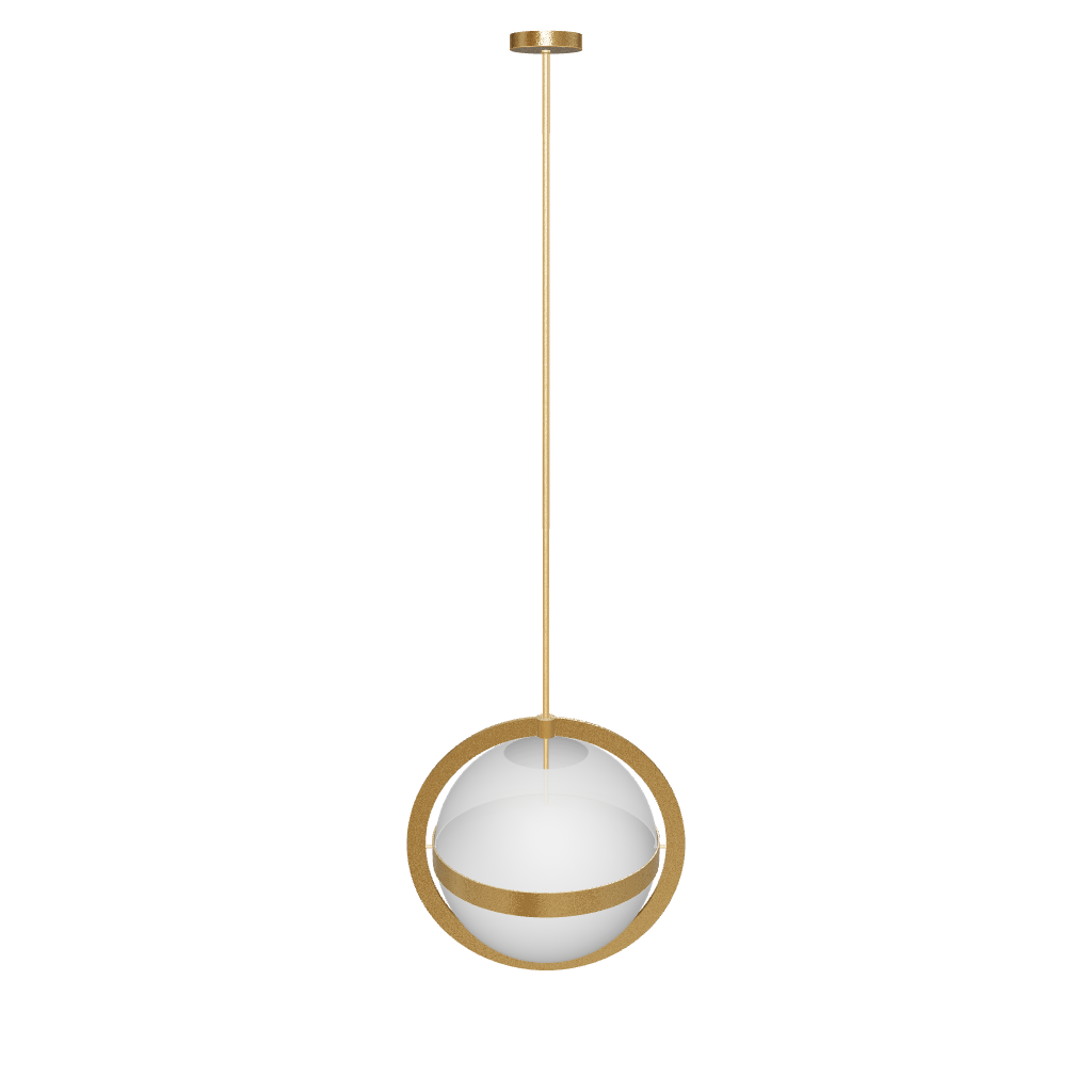 Modern pendant light with gold frame and white glass shade on a white background