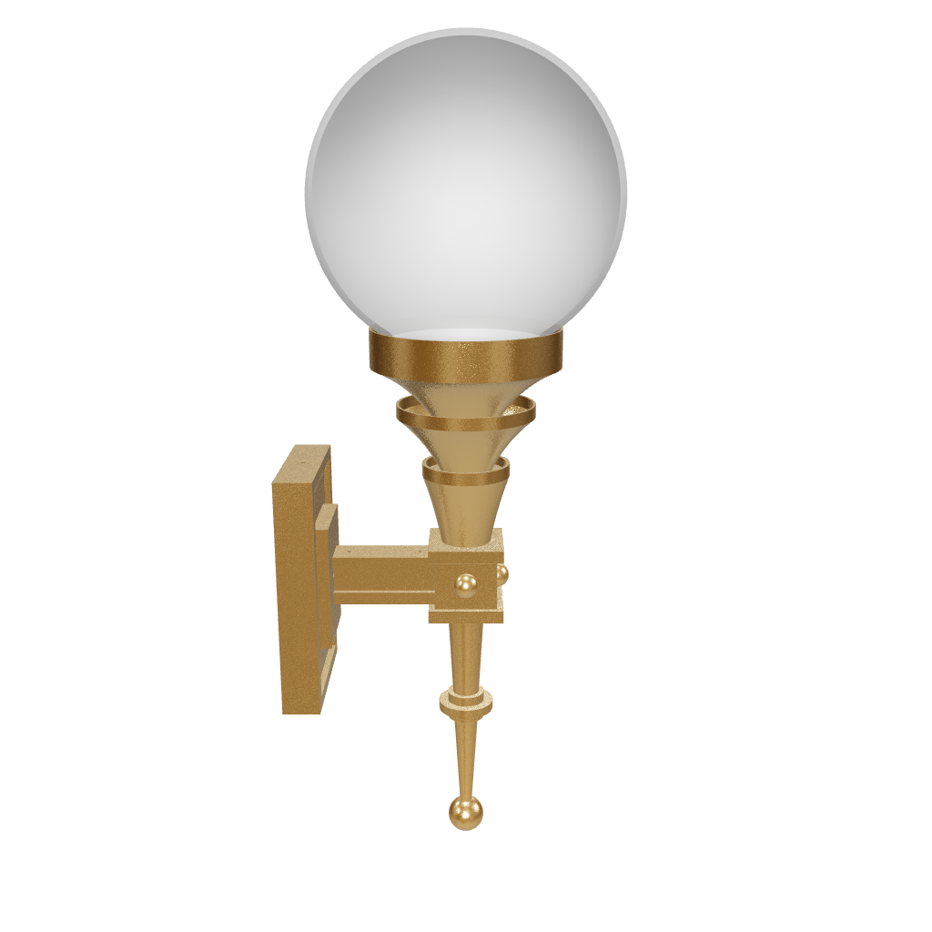 Wall-mounted light fixture with gold finish and white glass globe on a white background