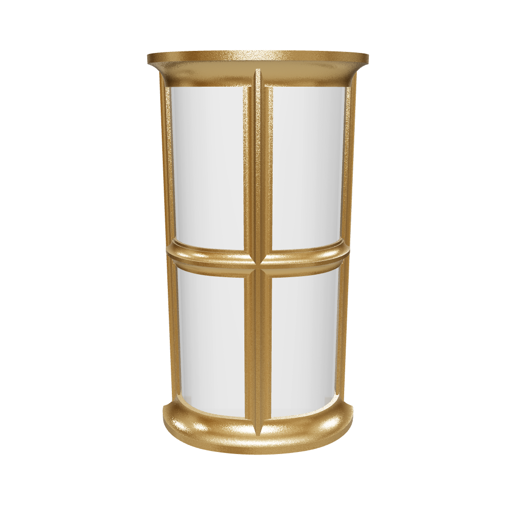 Gold wall-mounted light fixture with white glass on a white background