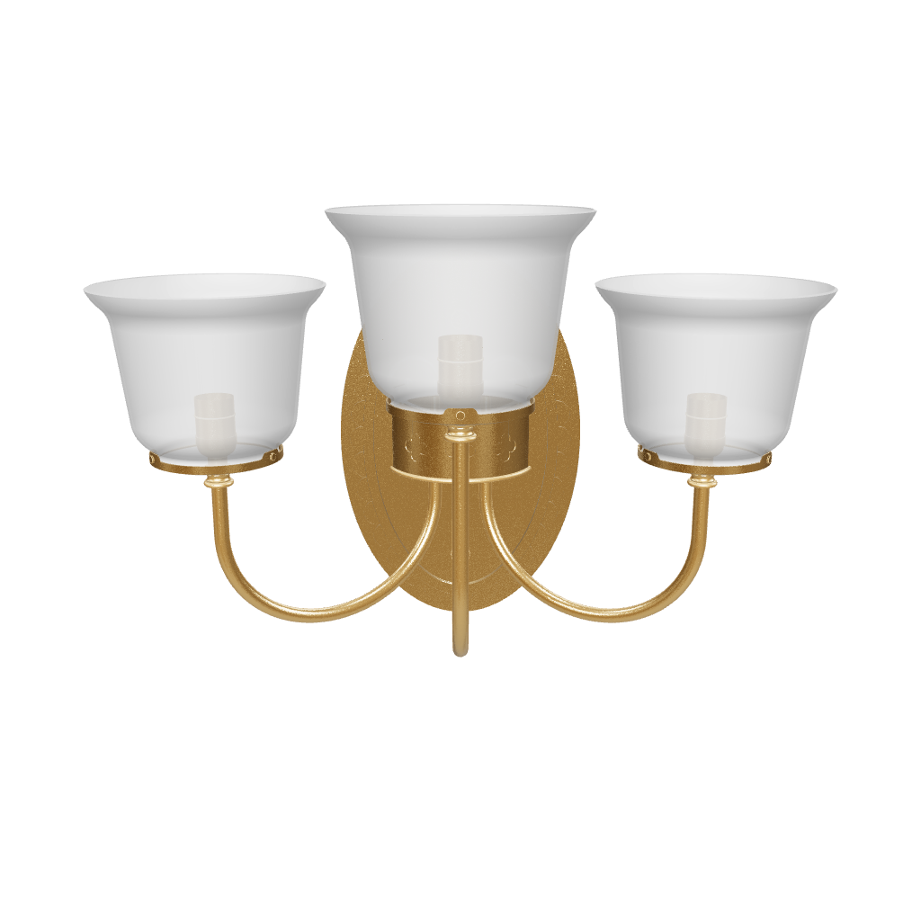 Gold wall sconce with three white lampshades on a white background