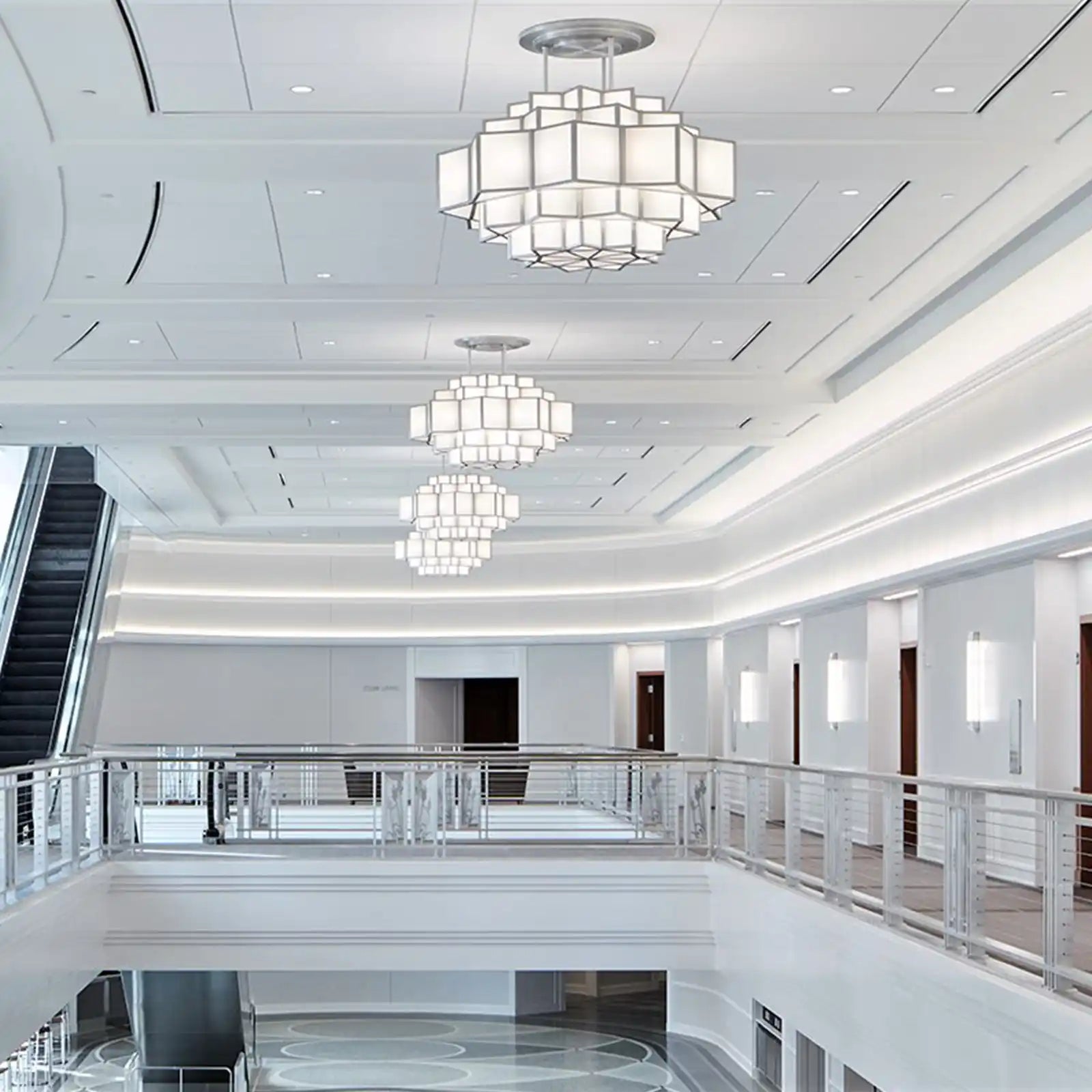 Tiered square-panel chandelier.