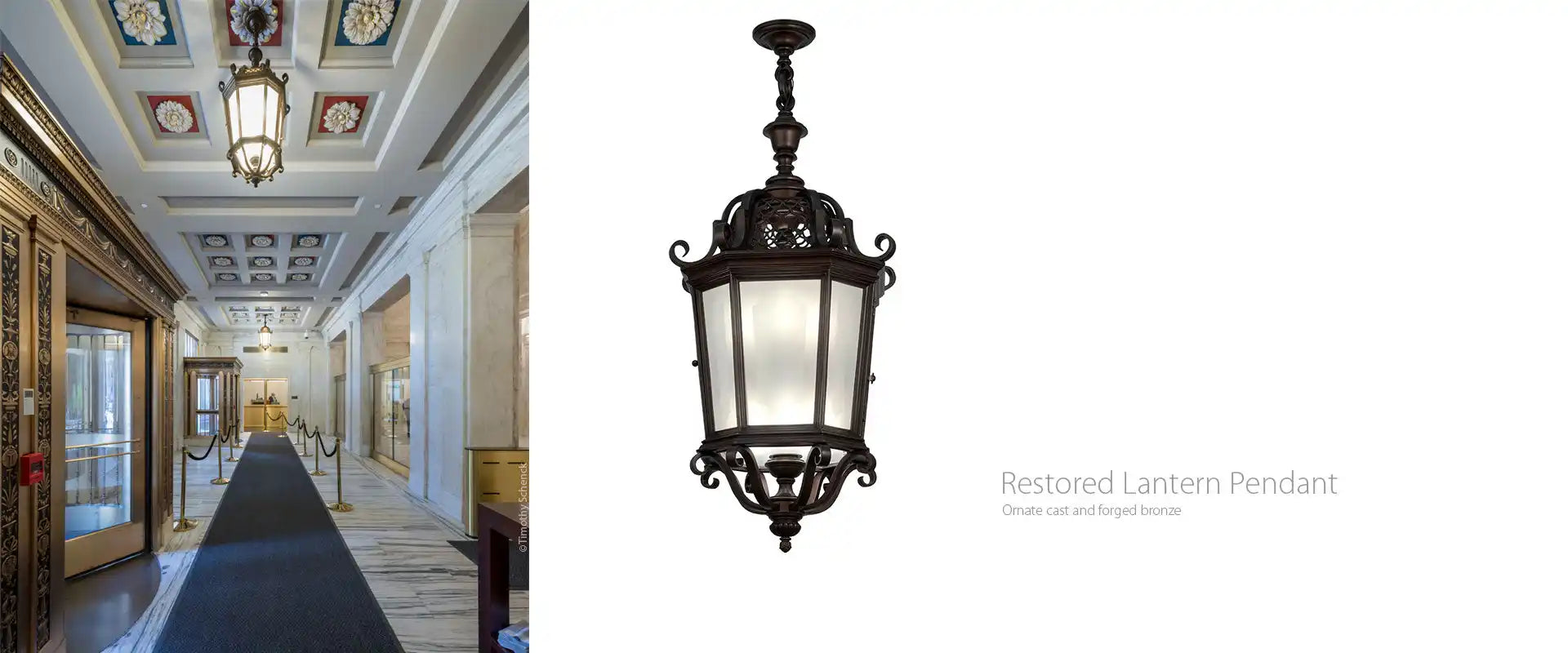 Ornate dark-finished metal lantern pendant with frosted glass panels.