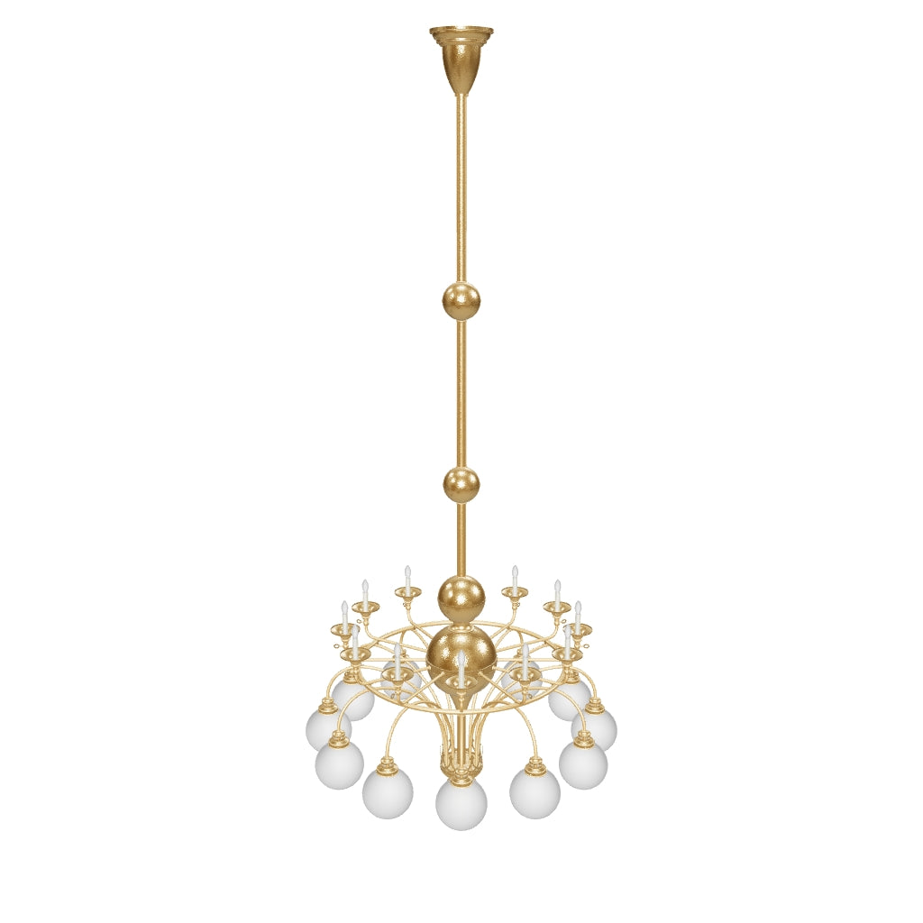Gold chandelier with white glass balls on a white background